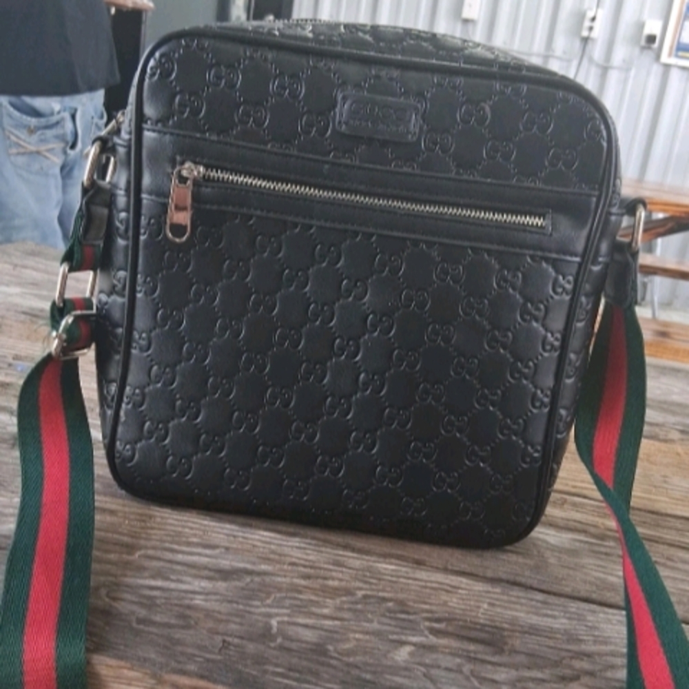 Gucci Embossed Black Leather Messenger Bag